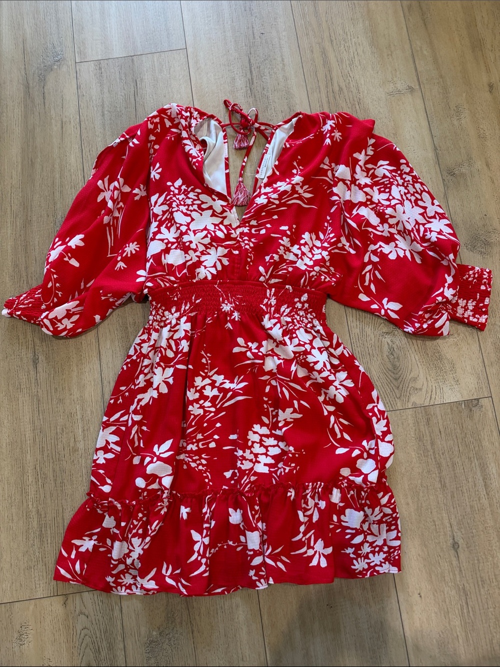 lovestitch Red & White Floral Tie-Back Smocked Waist Dress